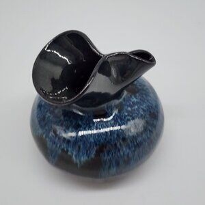 Vintage Born Polly Studio Pottery Vase Pinched Flared Rim & Blue Drip Glaze